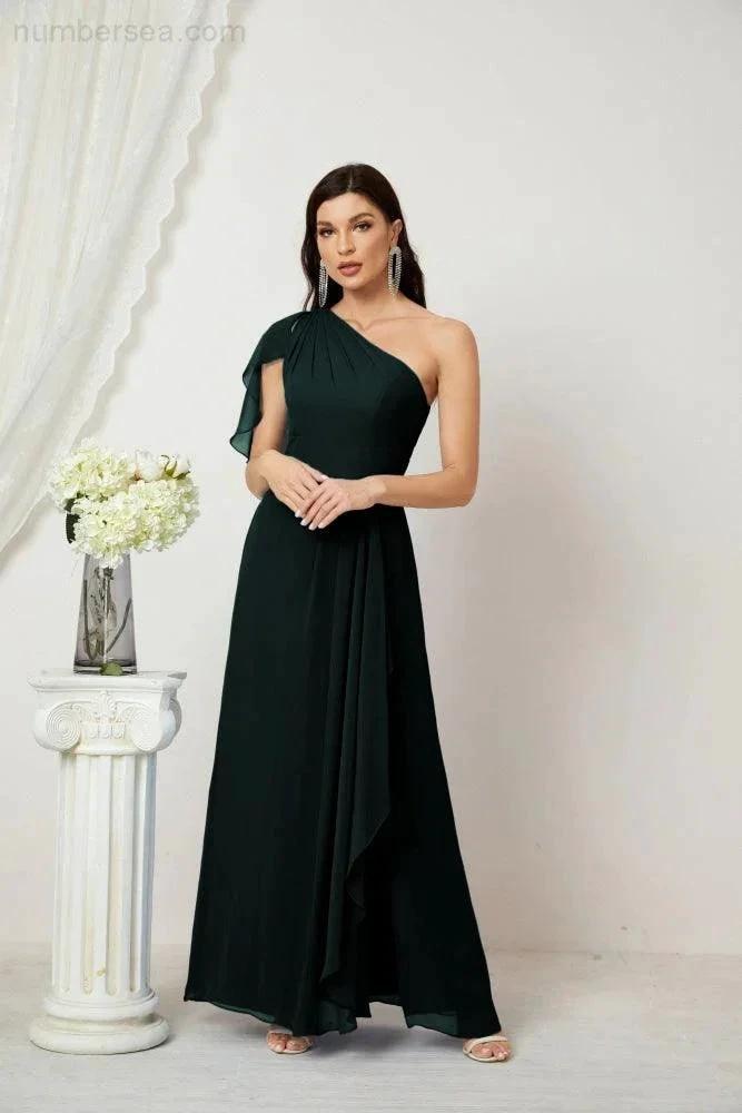 ZapDress Chiffon Ruffled One Shoulder Long Bridesmaid Dresses A-line Formal Evening Gown Side Split 2809 (ZD17049)