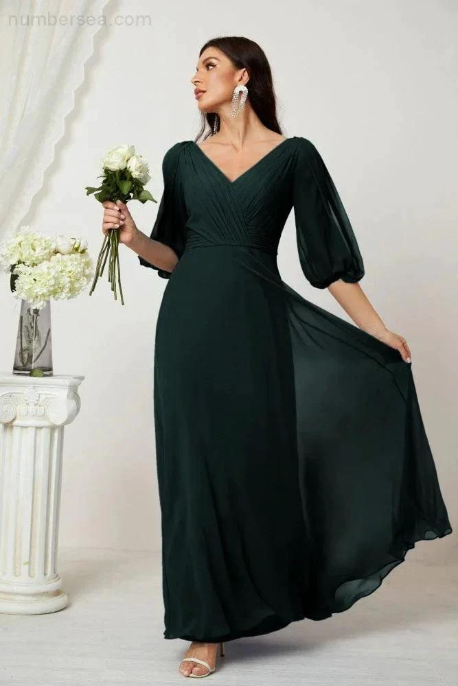 ZapDress Formal Prom Gown Women V-Neck Chiffon Bridesmaid Dresses Long Bishop Sleeve Party Dress 2807 (ZD17027)