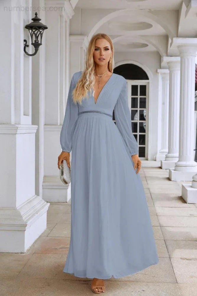 Ladies V Neck Chiffon Long Sleeve Front Slit Bridesmaid Evening Dress Wedding Party Shopping Evening Dress 28109 (ZD16991)
