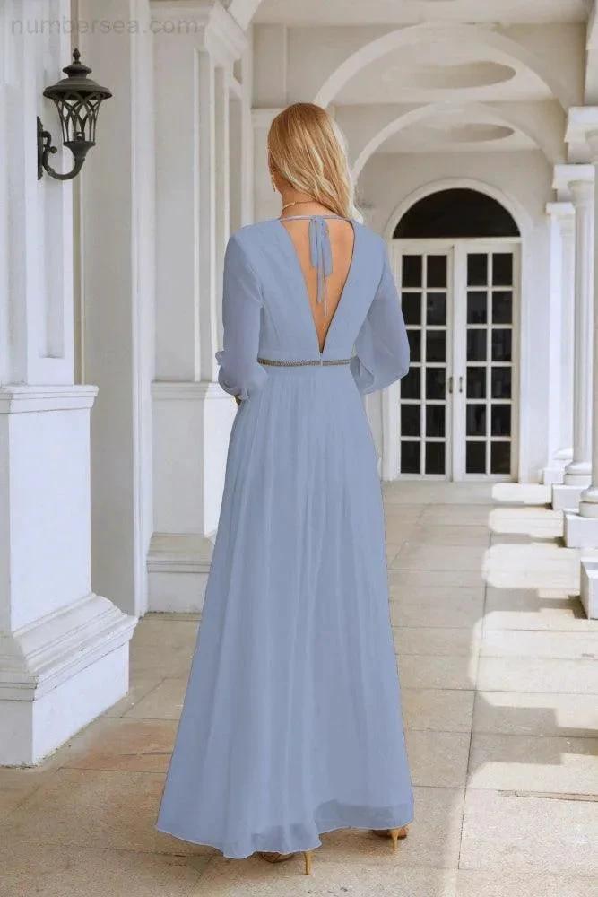 Ladies V Neck Chiffon Long Sleeve Front Slit Bridesmaid Evening Dress Wedding Party Shopping Evening Dress 28109 (ZD16991)