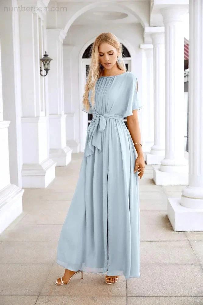 Ladies Chiffon Sleeve Crew Neck Front Slit Floor Length Bridesmaid Evening Dress Wedding Party Evening Dress 28124 (ZD17007)