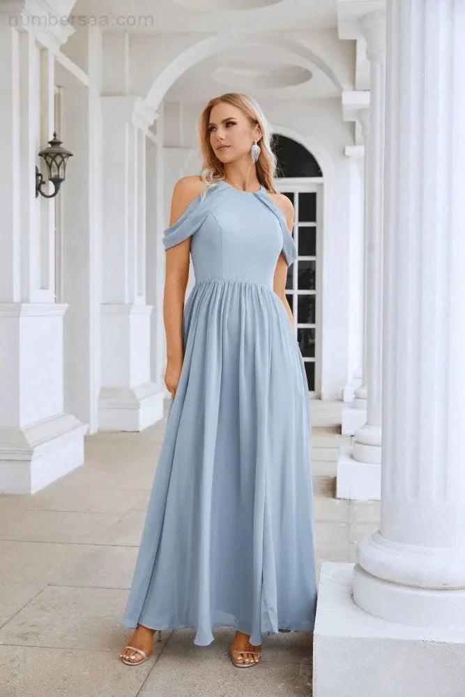Ladies Chiffon Off Shoulder Swing Sleeve Front Slit Bridesmaid Evening Dress Wedding Party Evening Dress 28117 (ZD17011)
