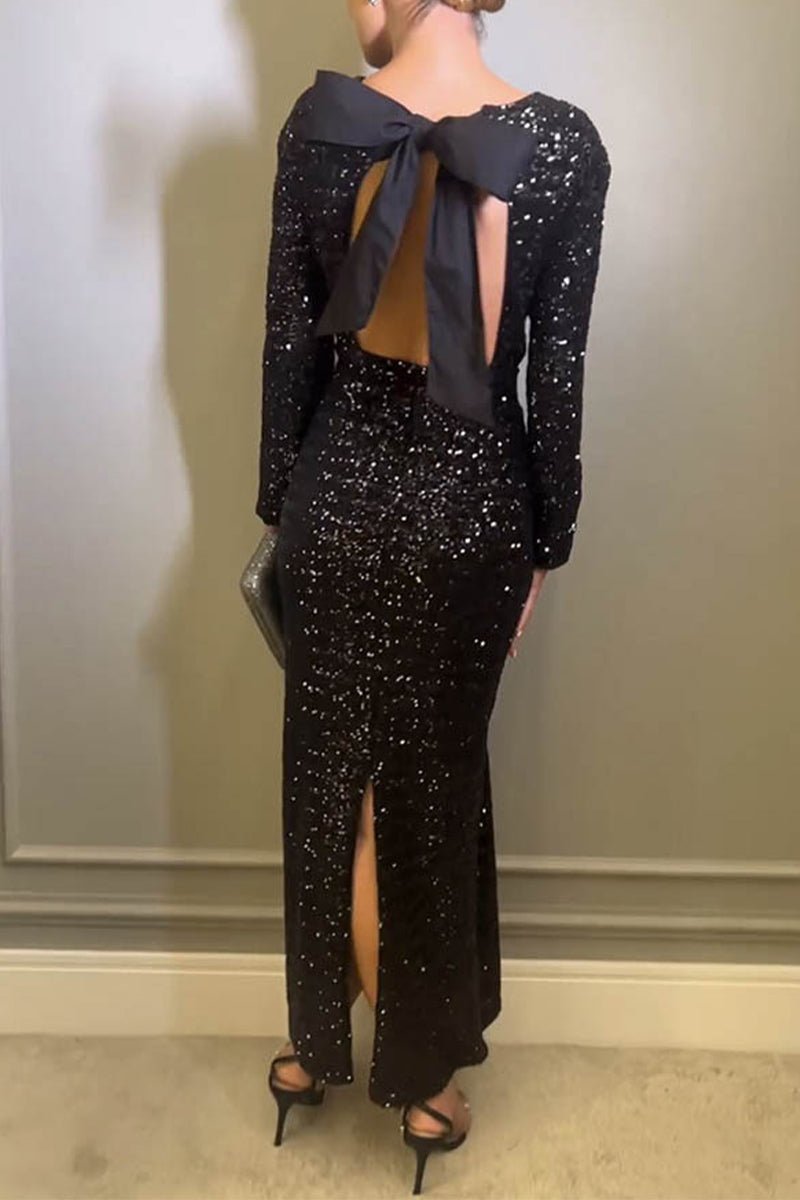 Linda Aesthetic Solid Color Sequin Bow O Neck Evening Dresses Premium Wardrobe Essential