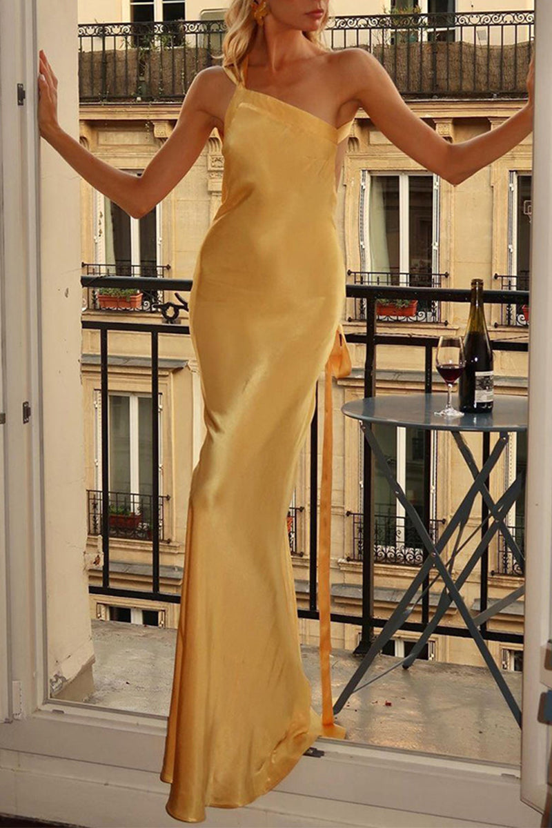 Ayla Elevated Formal Solid Backless Evening Dresses with Slant Collar Chic Silhouette Collection