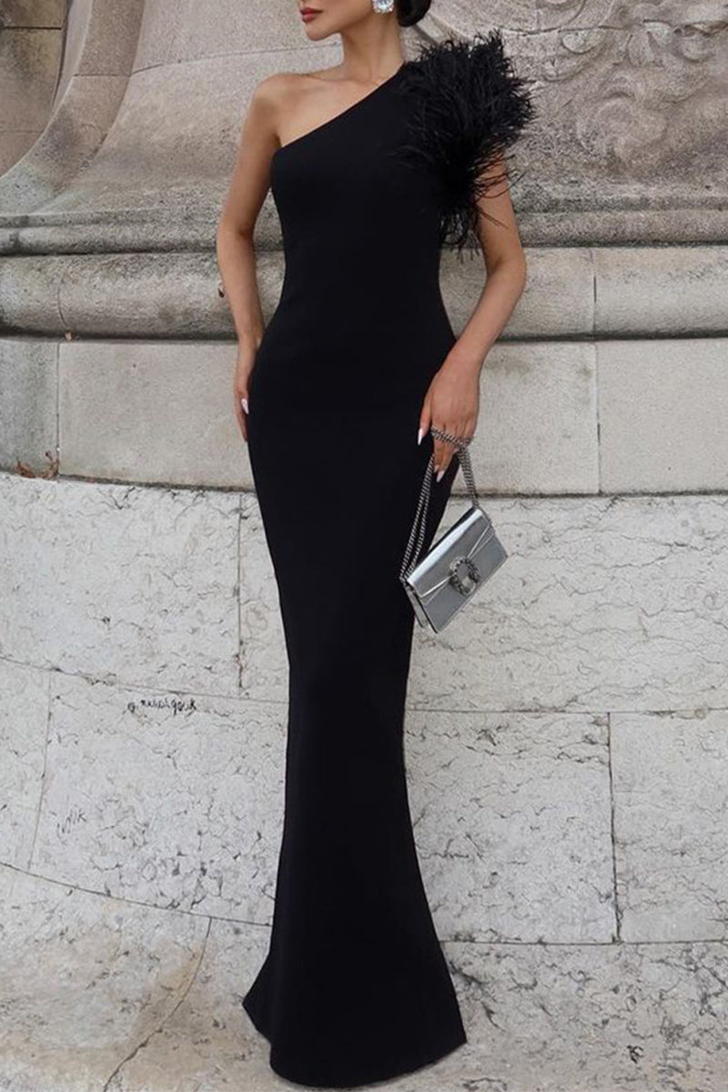 Quintina Premium Formal Evening Dresses with Solid Color Feathers and Slanted Collar Wear Edit