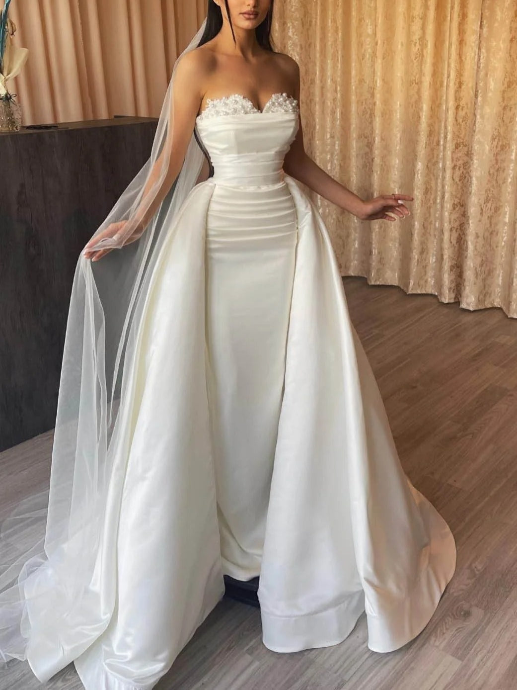 Pearl Sweetheart Satin Ruched Waist Wedding Dress With Oversized Ballgown Skirt - VelvetHem