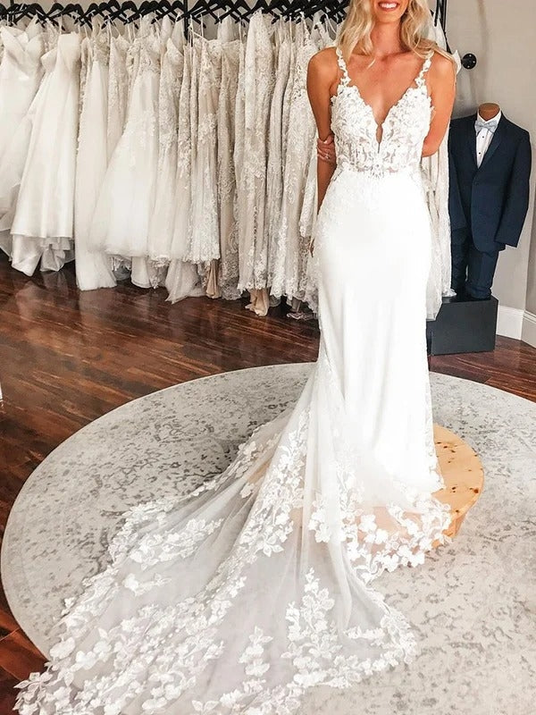 Mermaid Sleeveless Deep V Neck Lace Long Train Wedding Dress