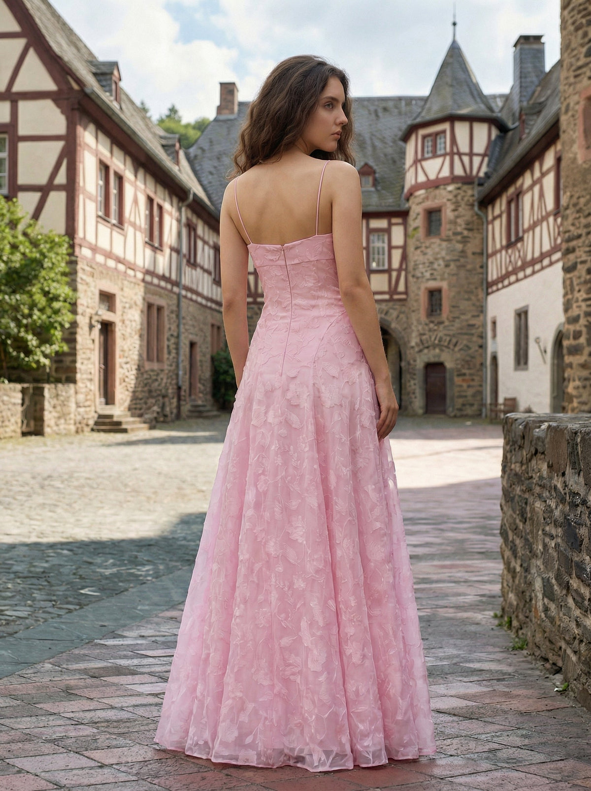 A-Line Fit Pink Floral Formal Dress | Minimalist A-Line Gown for Bridesmaids & Prom