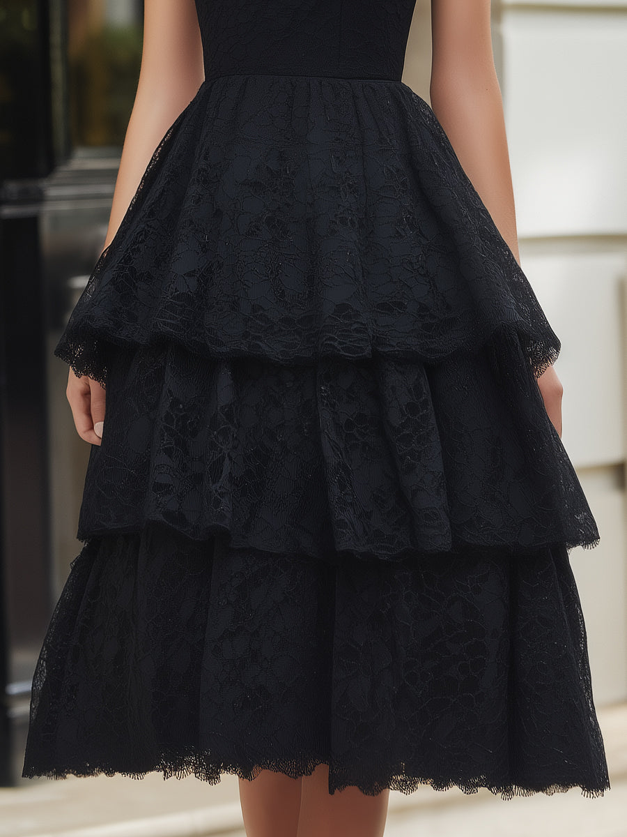 High-Neck Tiered Lace Fit-and-Flare Dress