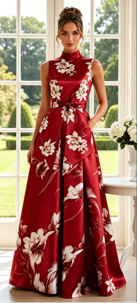 High-Neck Floral A-Line Maxi Dress with Pockets