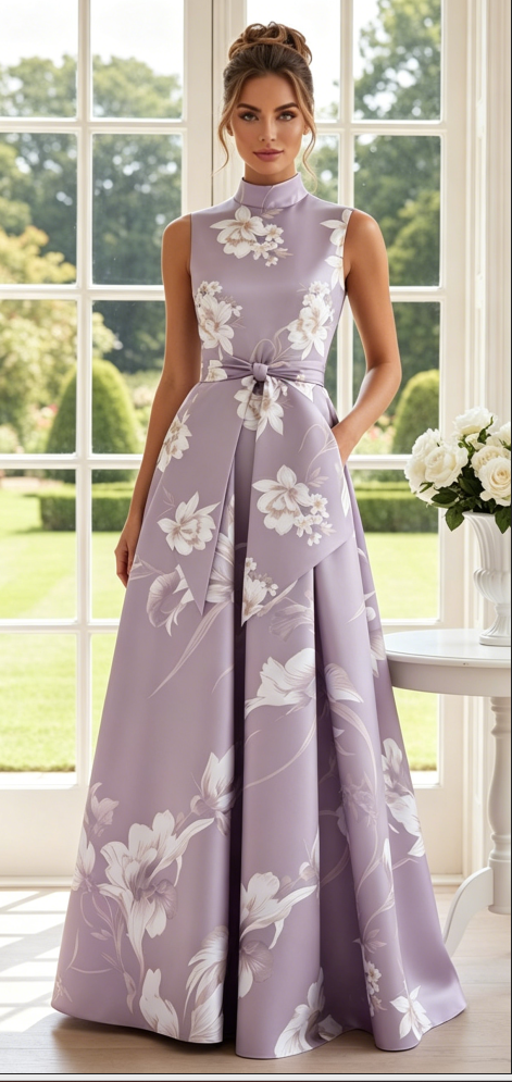 High-Neck Floral A-Line Maxi Dress with Pockets