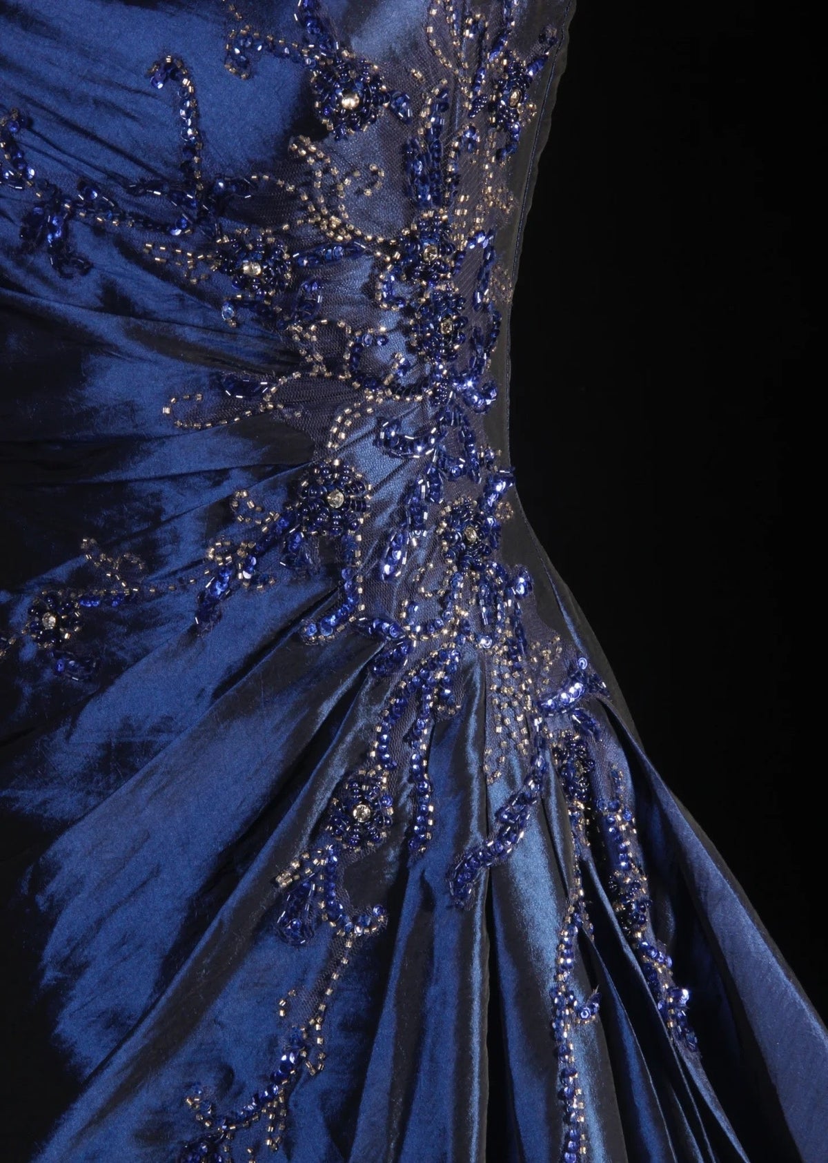 Vintage Ball Gown Strapless Navy Blue Satin Long Prom Dresses Party Dress - View 6 | VelvetHem