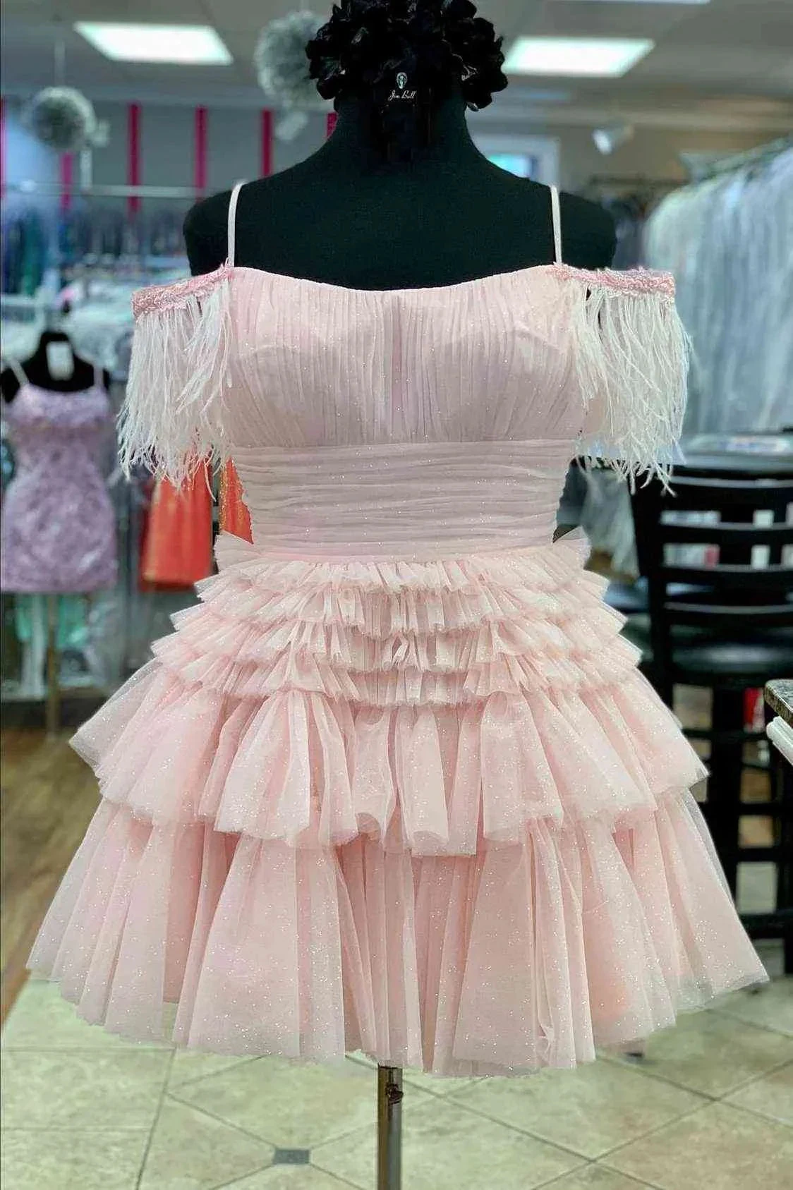 Pleated Hot Pink Cold Sleeves Tiered Tulle Party Dress Short Homecoming Dress Y1955 by simplepromdress