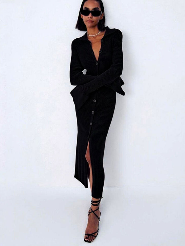 Long Cardigan Knit V - Neck Sweater Dress