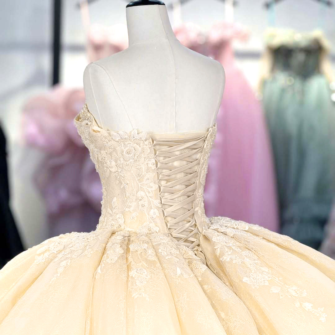 Gorgeous A Line Sweetheart Champagne Quinceanera Dress with Appliques Criss Cross Up - View 2 | VelvetHem