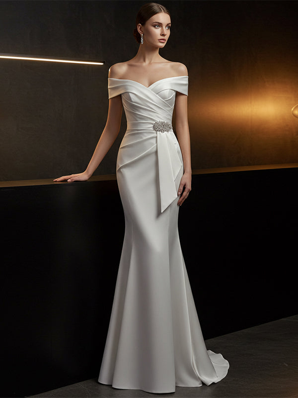 Elegant Evening Satin Dress Off-Shoulder Mermaid White Sash Rhinestone Dress - VelvetHem