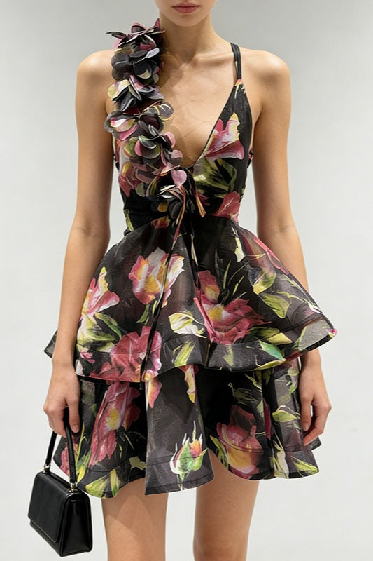 Corset Deep V Tiered 3D Floral Dress