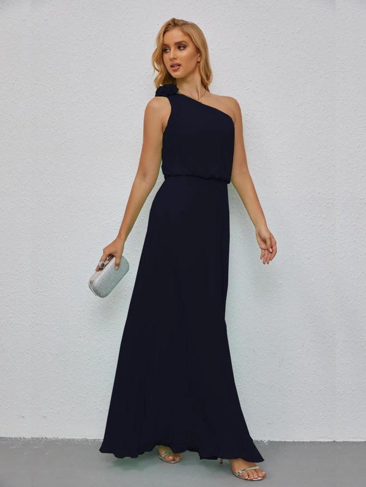 Ruffled One Shoulder Sleeveless Long Bridesmaid Dresses A-line Formal Evening Gown Side Split 28080 by numbersea