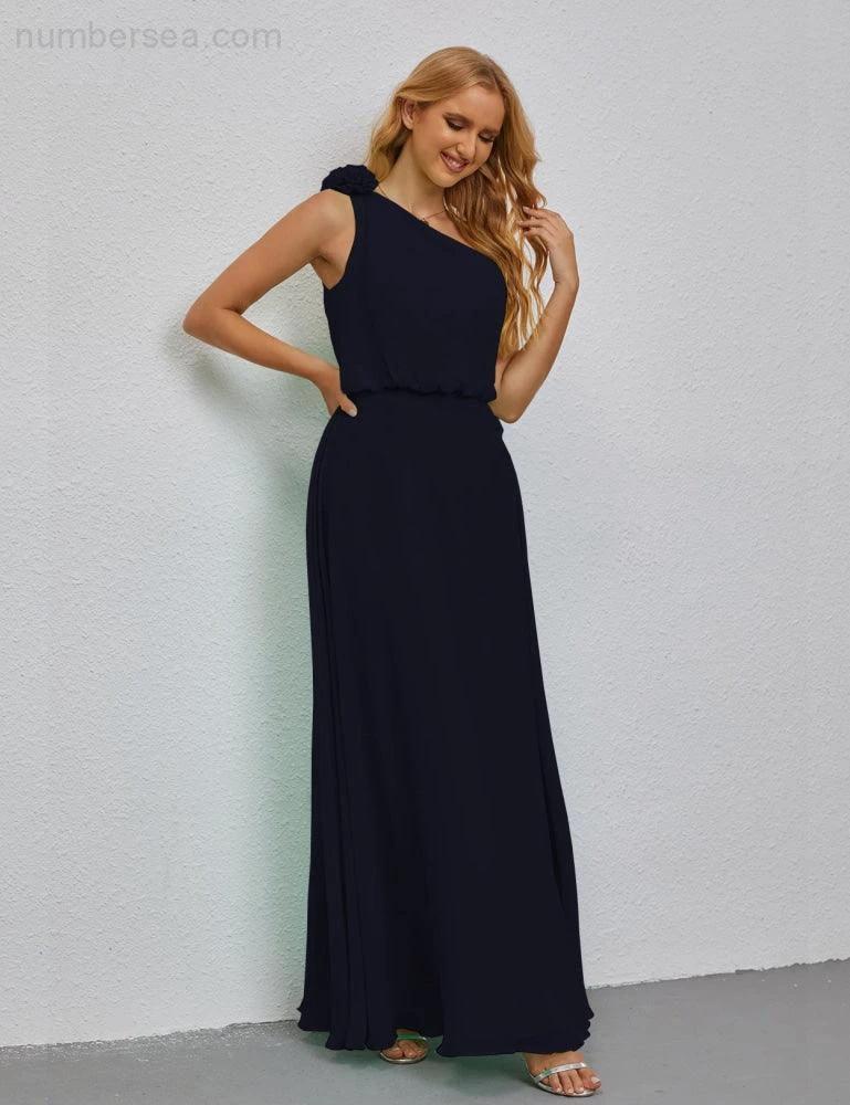 Ruffled One Shoulder Sleeveless Long Bridesmaid Dresses A-line Formal Evening Gown Side Split 28080 (ZD17018)