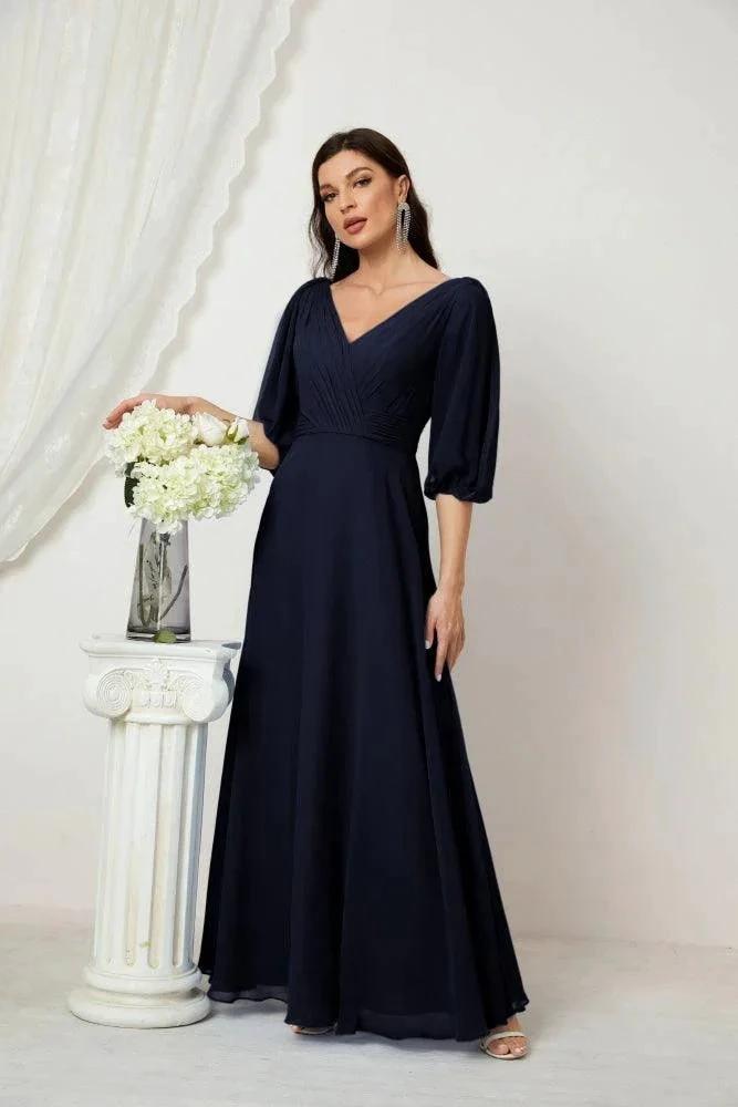 Numbersea Formal Prom Gown Women V-Neck Chiffon Bridesmaid Dresses Long Bishop Sleeve Party Dress 2807 by numbersea