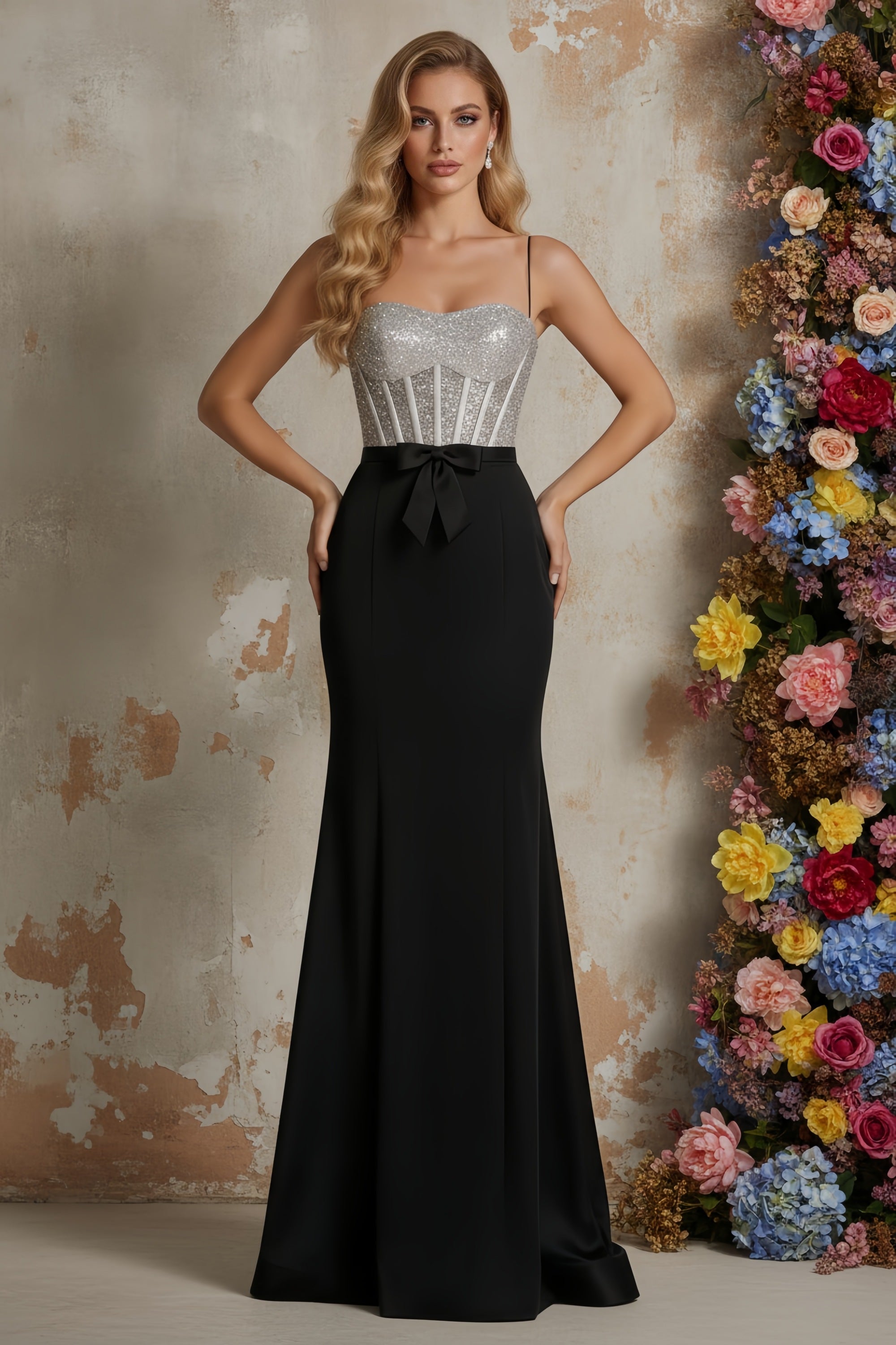 Shimmering Bodice Evening Gown with Waist Bow and Fitted Skirt