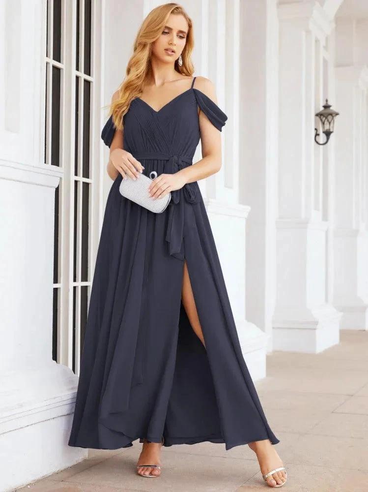 Numbersea Off The Shoulder Chiffon Bridesmaid Dress Long Formal Graduation Gown with Cowl Back 28069 by numbersea