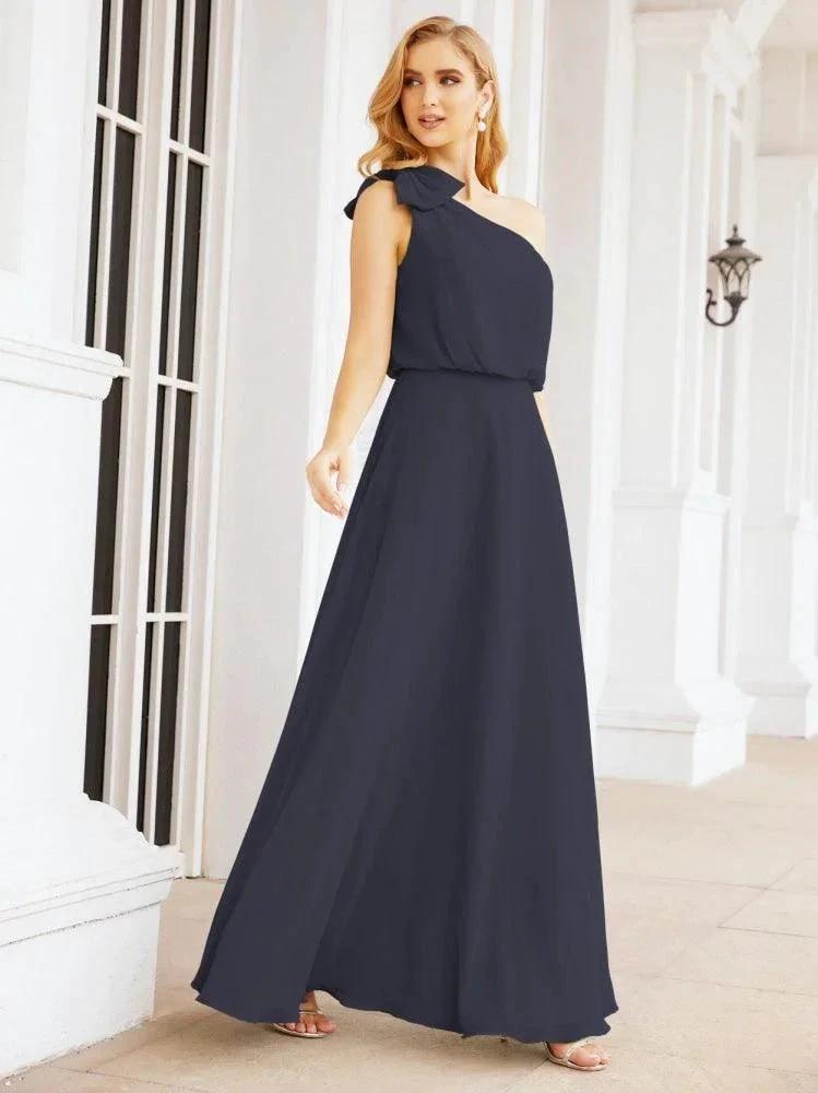 Numbersea Chiffon Ruffled One Shoulder Sleeveless Long Bride Dresses A-line Formal Evening Gown Side Split 28057 by numbersea