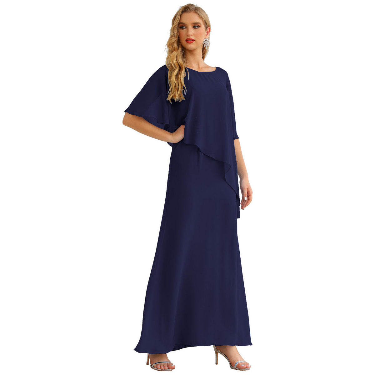 Sunnderly Chiffon Plus Size Mother of The Bride Dresses Formal Prom Gown Ruffle Cape