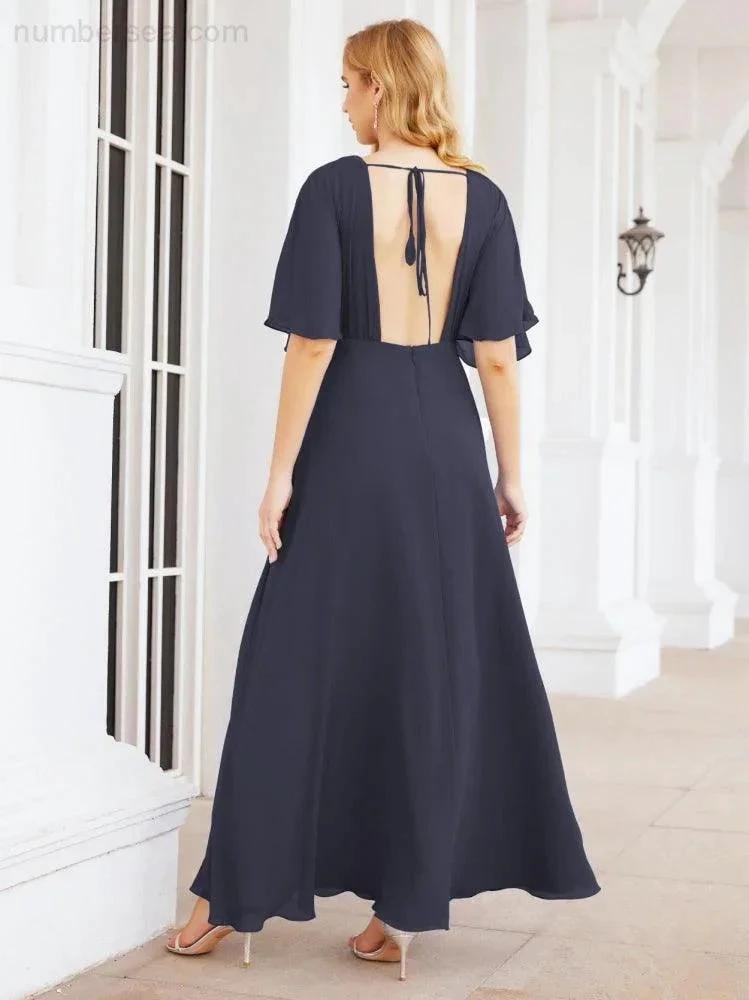 ZapDress V-Neck Bridesmaid Dress Chiffon Long Open Back Formal Dresses for Women Party Evening 28067 (ZD17046)