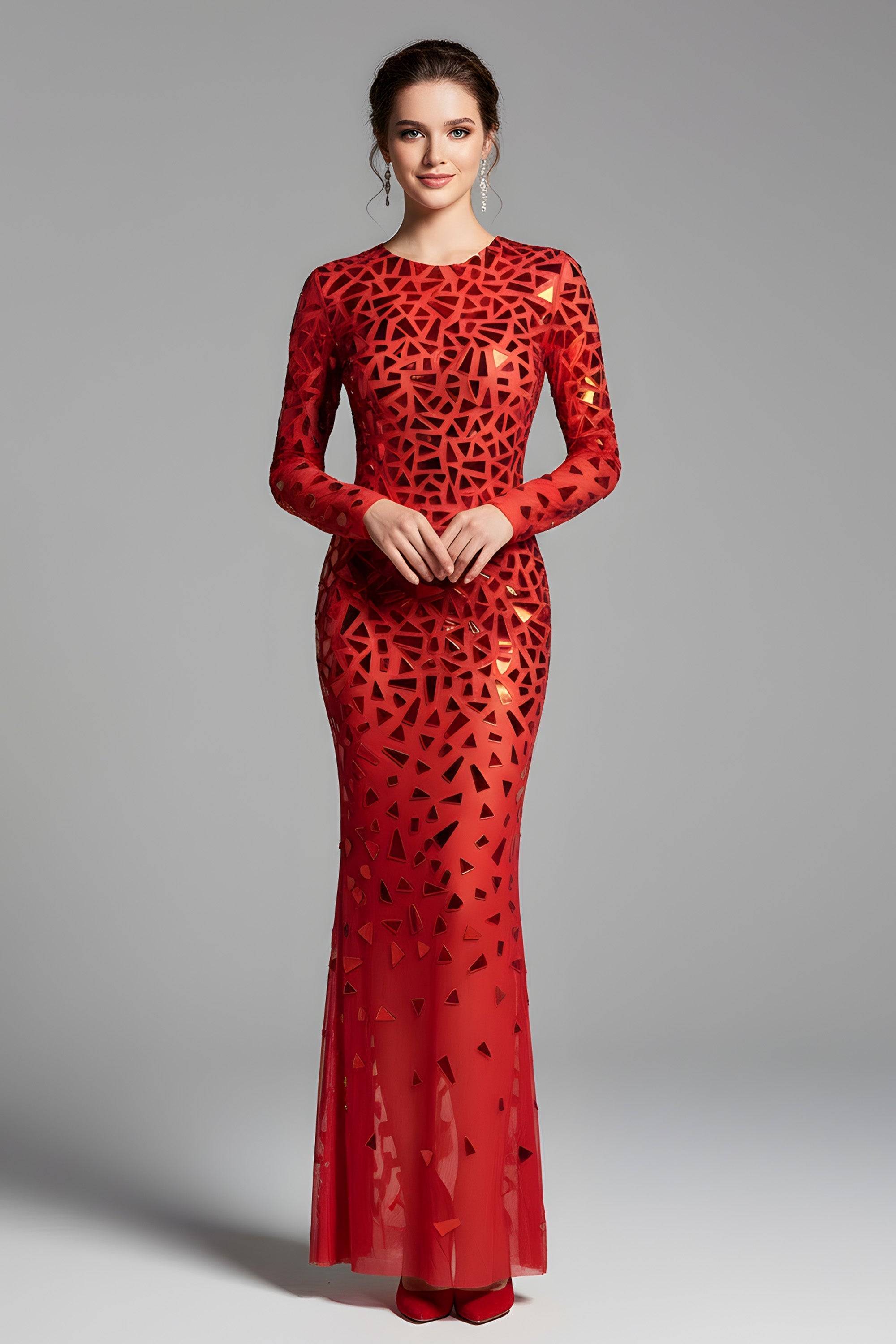 Long Sleeve Mosaic Sequin Maxi Dress With Fitted Silhouette