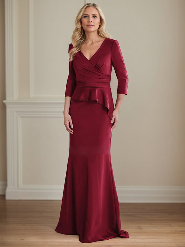 Modest Trumpet Long Sleeves V-Neck Satin Mother Of The Bride Dresses With Ruffle - VelvetHem