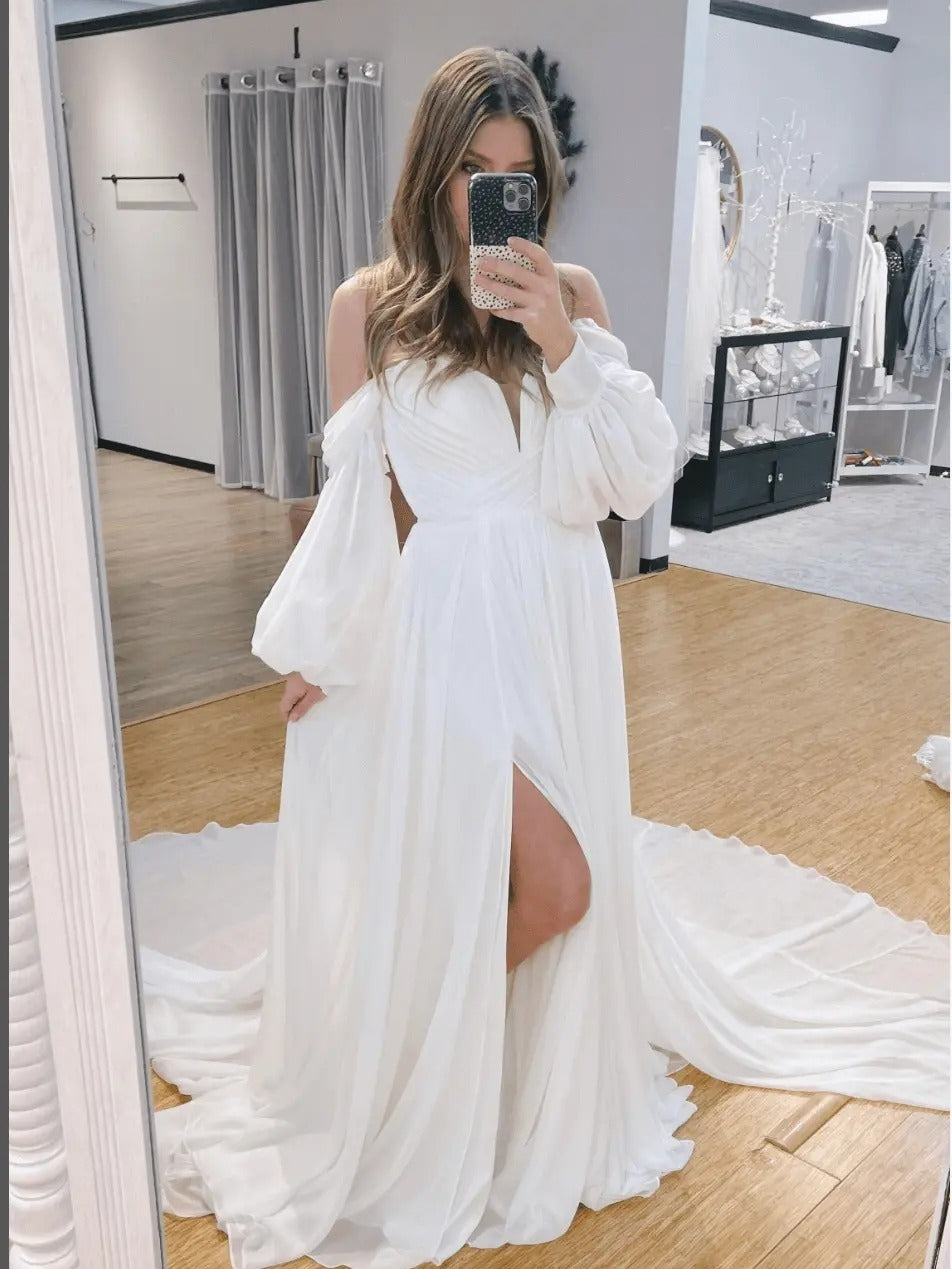 High Slit Off-the-Shoulder Puff Long Sleeve Chiffon A-Line Wedding Dress