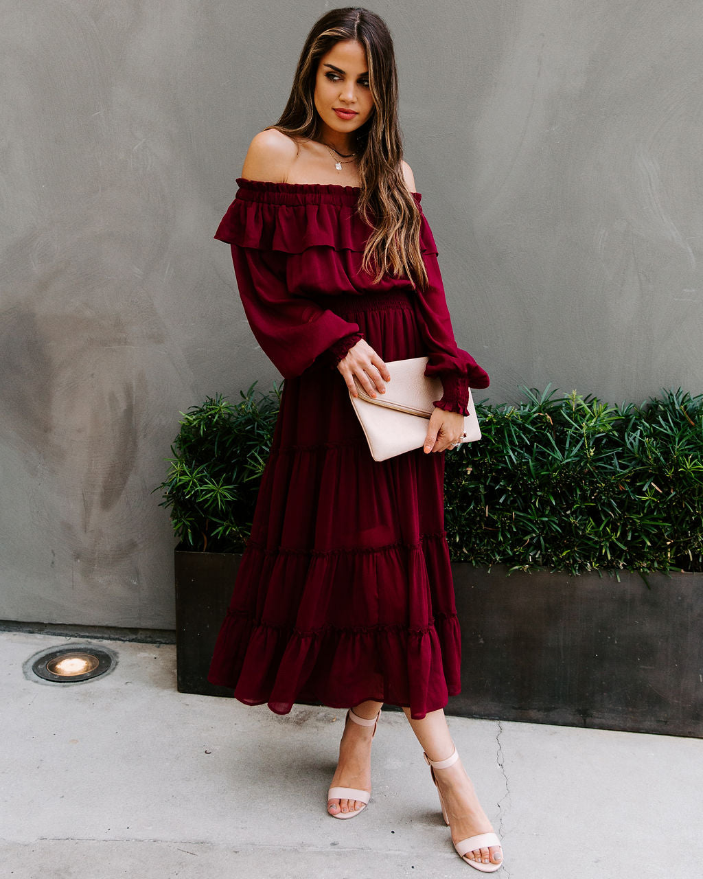 Alicia Off The Shoulder Tiered Midi Dress Burgundy