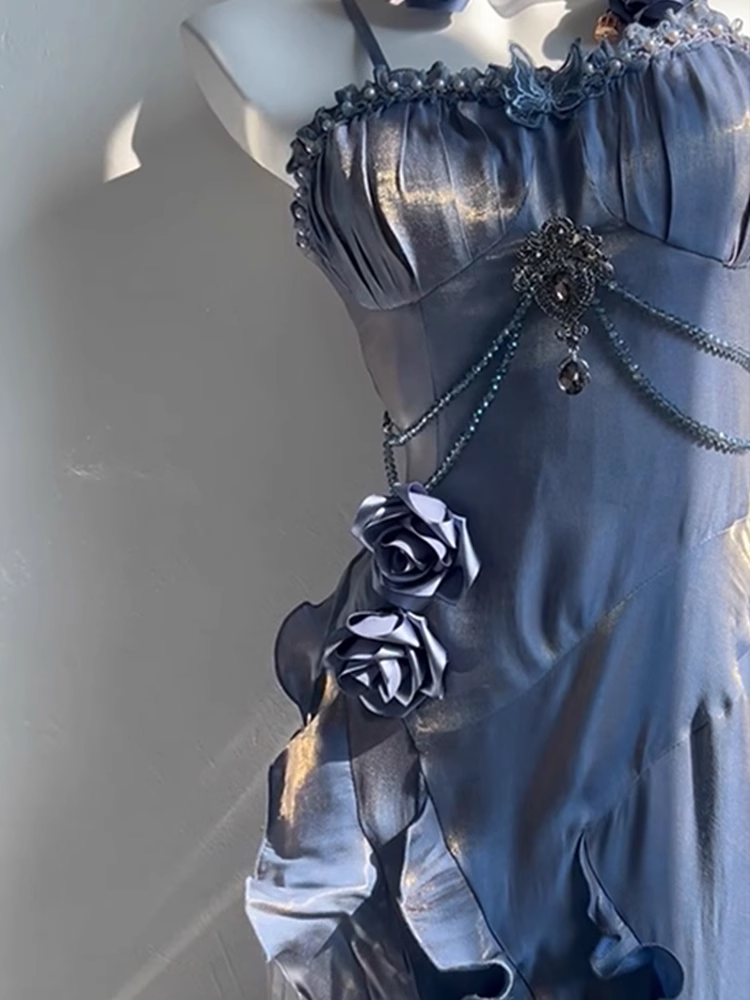 Chic Sheath Spaghetti Straps Floral Blue Long Party Dresses Birthday Outfits With Sleeves - View 3 | VelvetHem