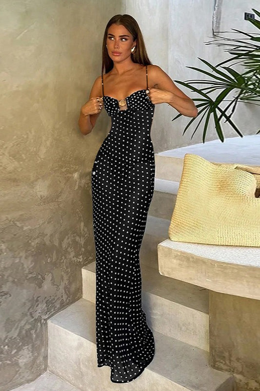 Polka Dot Lace Cami Backless Maxi Dress - VelvetHem