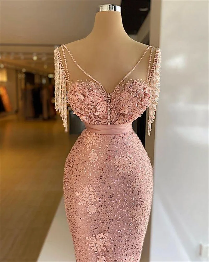 Pink Mermaid Prom Dresses V Neck Sequins Pearls Tassel Famous Long Formal Red Carpet Gowns - VelvetHem