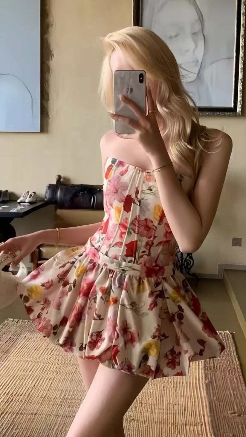 Pretty Strapless Satin Print Floral A Line Short 21st Birthday Outfits Homecoming Dress - View 3 | VelvetHem