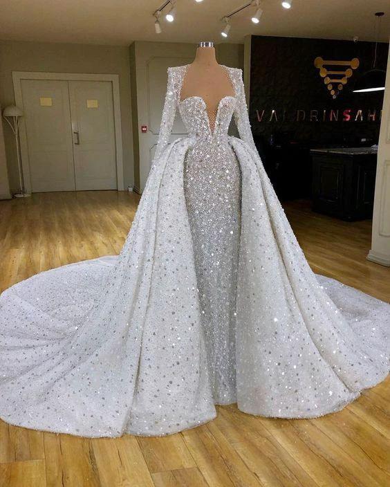 Sexy Sweetheart Plus Size Mermaid Wedding Dresses With Trains Beaded Sequin Long Sleeve Bridal Gowns New Arrival Prom Dress Y51 by simplepromdress