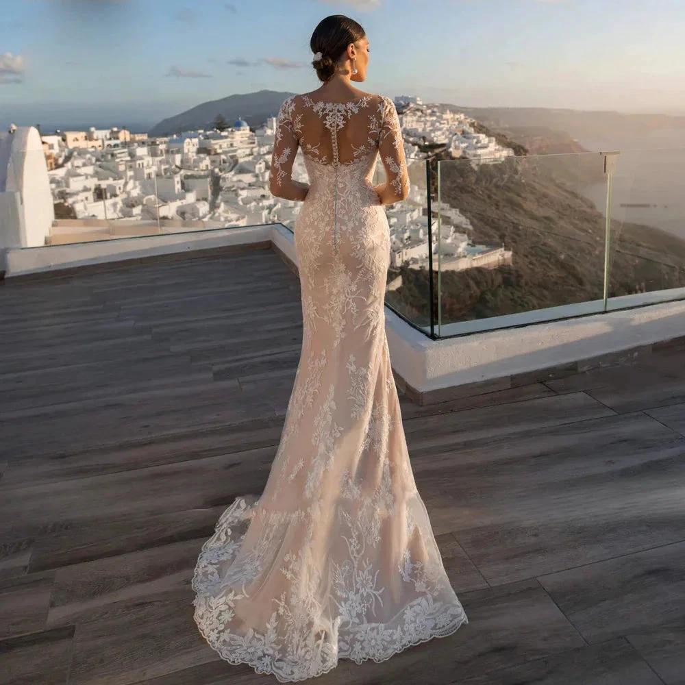 Gorgeous Long Sleeve Lace Mermaid Wedding Dresses Luxury Appliques Button Removable Train Horn Bridal Gowns Robe De Mariée (ZD14162)