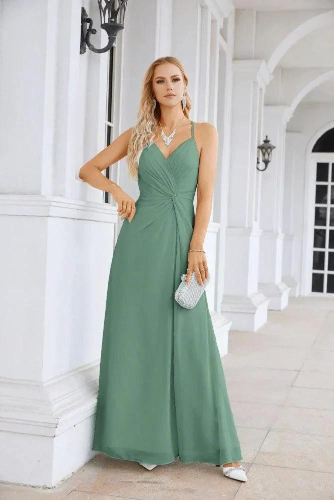 Ladies Chiffon Spaghetti Strap V Neck Front Slit Floor Length Bridesmaid Evening Dress Prom Party Wedding Evening Dress 28116 by numbersea