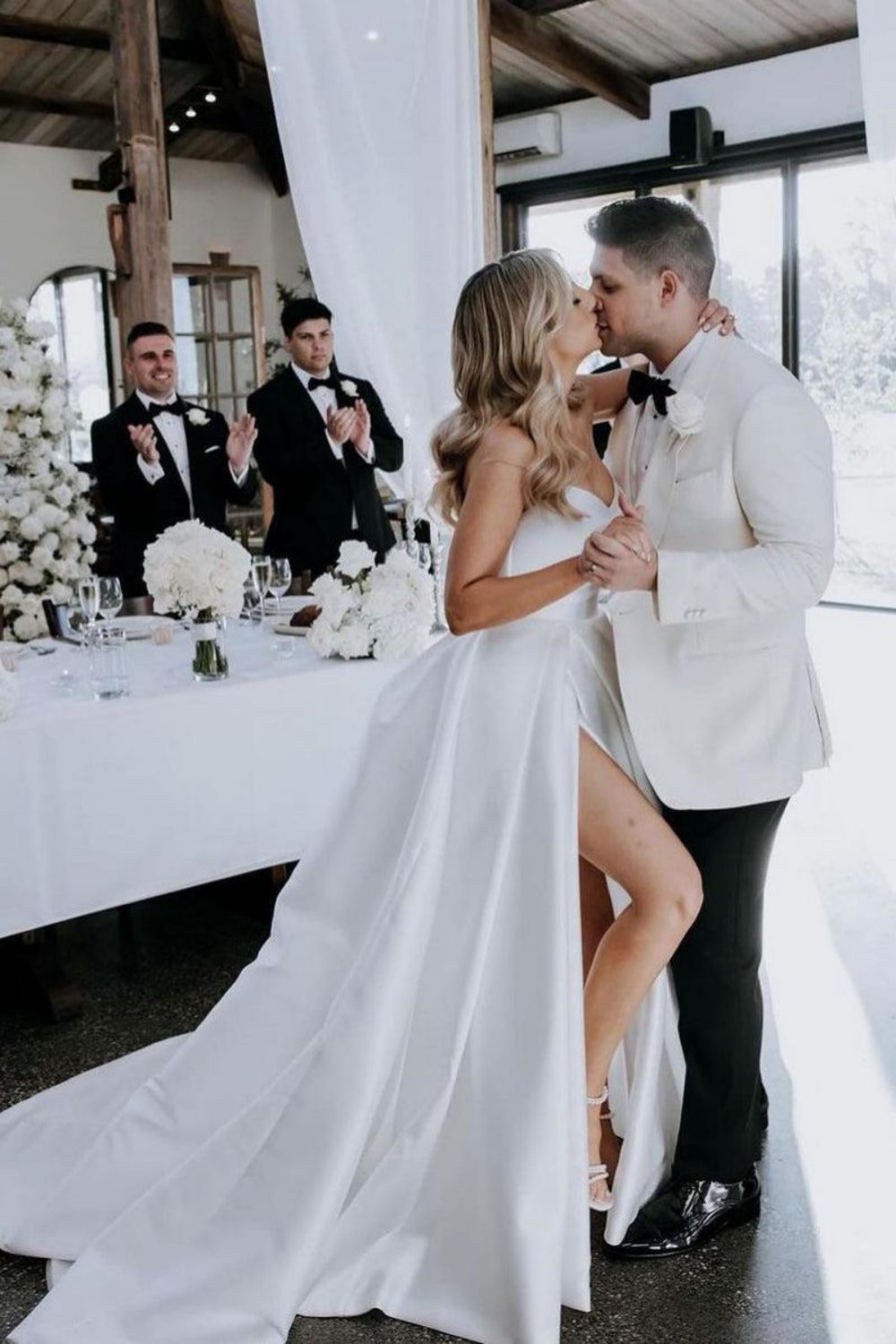 Simple A Line Sweetheart White Long Wedding Dress with Split Front - View 6 | VelvetHem