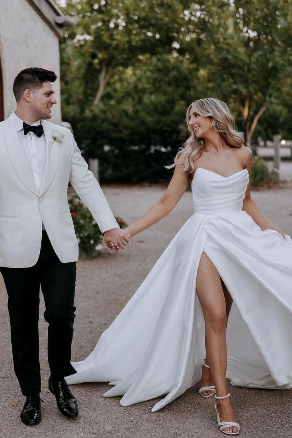 Simple A Line Sweetheart White Long Wedding Dress with Split Front - VelvetHem
