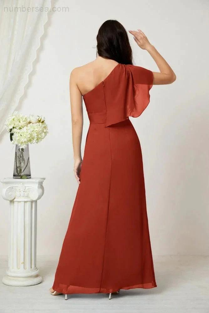 ZapDress Chiffon Ruffled One Shoulder Long Bridesmaid Dresses A-line Formal Evening Gown Side Split 2809 (ZD17049)