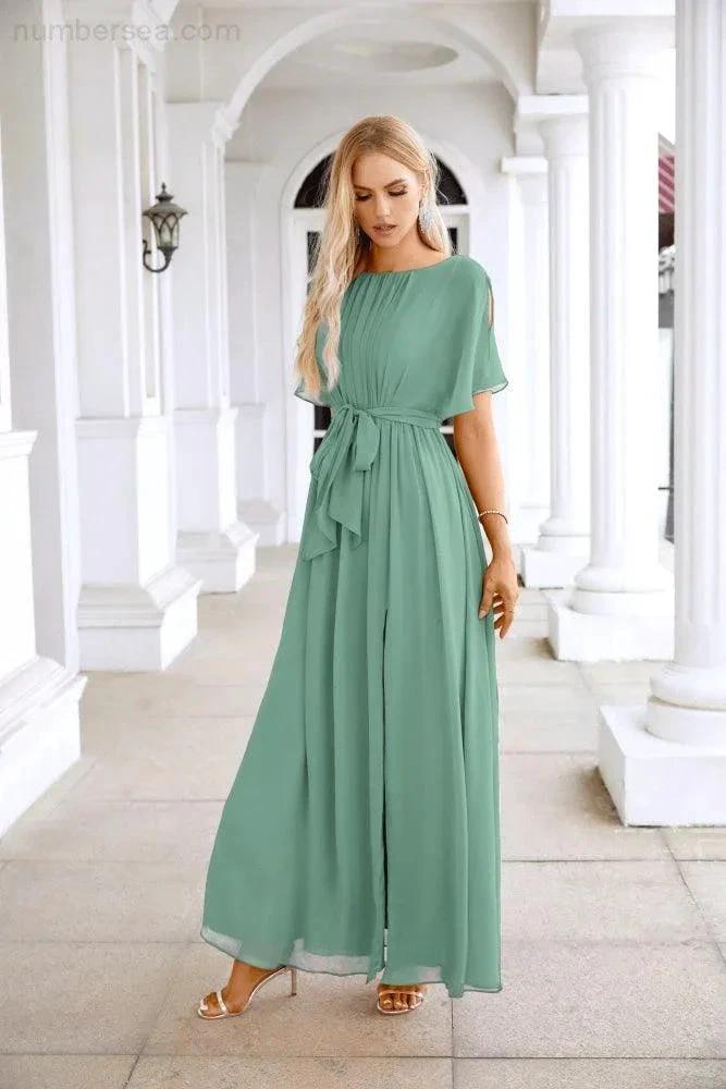 Ladies Chiffon Sleeve Crew Neck Front Slit Floor Length Bridesmaid Evening Dress Wedding Party Evening Dress 28124 (ZD17007)