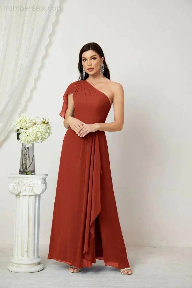 ZapDress Chiffon Ruffled One Shoulder Long Bridesmaid Dresses A-line Formal Evening Gown Side Split 2809 (ZD17049)