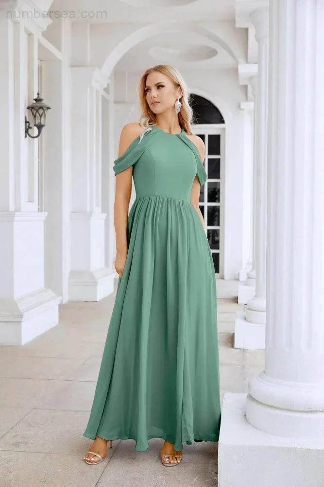Ladies Chiffon Off Shoulder Swing Sleeve Front Slit Bridesmaid Evening Dress Wedding Party Evening Dress 28117 (ZD17011)