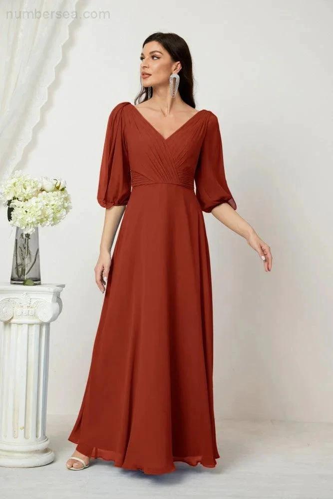 ZapDress Formal Prom Gown Women V-Neck Chiffon Bridesmaid Dresses Long Bishop Sleeve Party Dress 2807 (ZD17027)