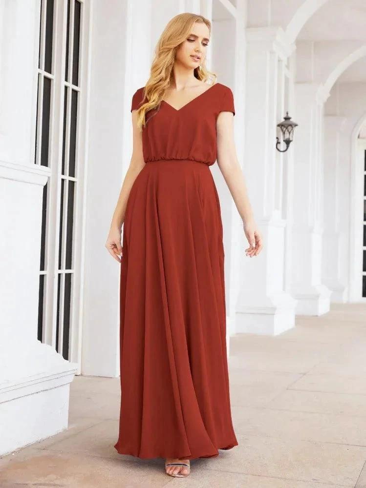 Numbersea V-Neck Bridesmaid Dresses Long Cap Sleeves Prom Evening Formal Gowns 28071 by numbersea