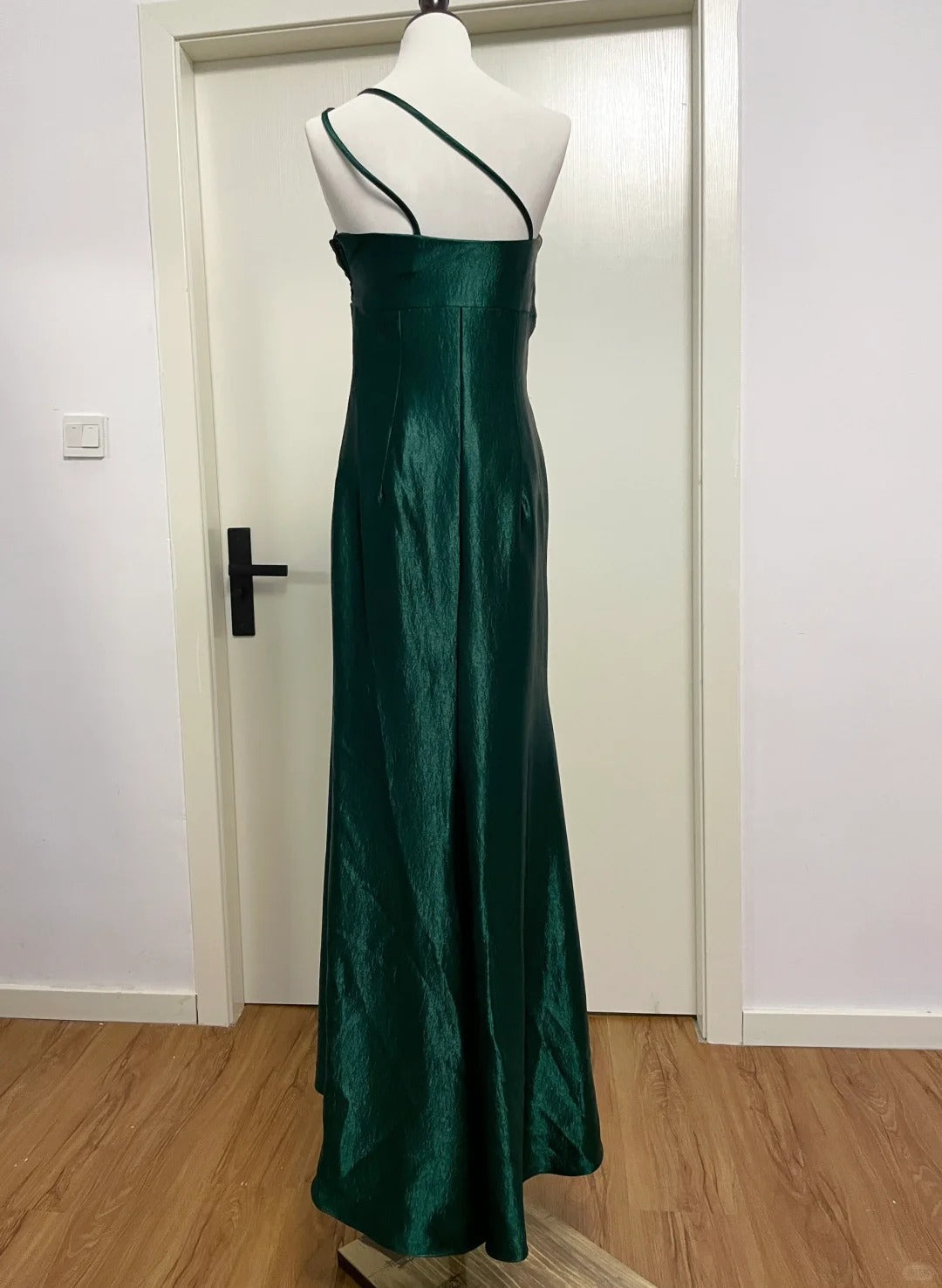 Elegant Dark Green 3D Floral One-shoulder Satin Long Prom Dress Evening Dress - View 4 | VelvetHem