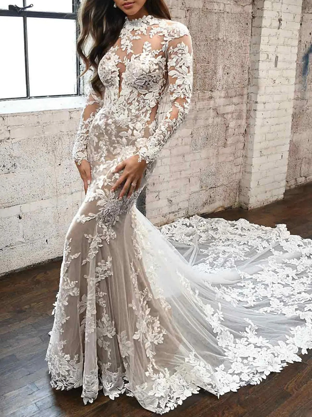 High Neck Long Sleeve Lace Mermaid Cutout Open Back Wedding Dress